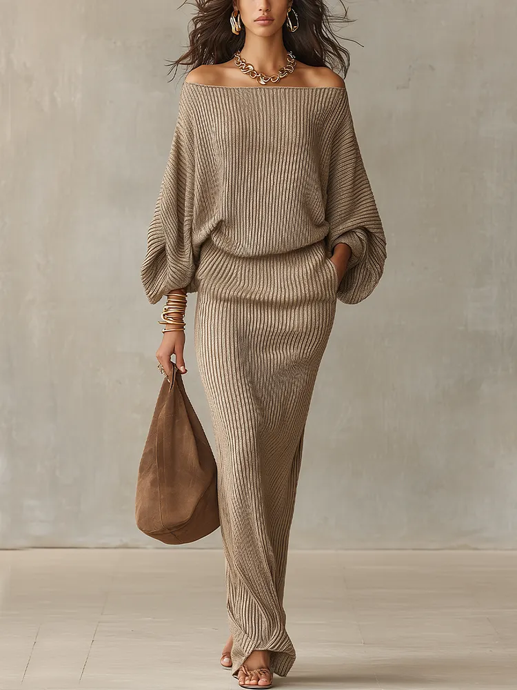 Sophisticated Beige Off Shoulder Ribbed Knit Set