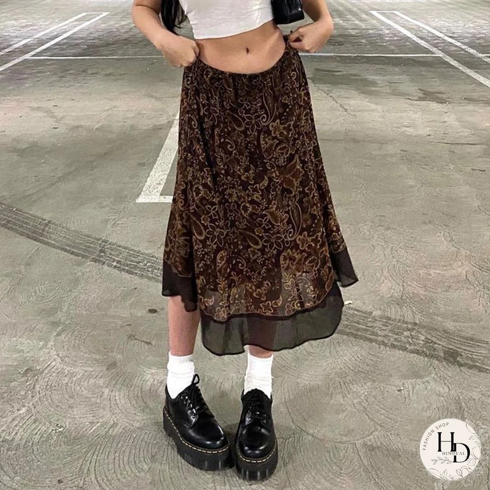 Aestheti Midi Skirts Cute Womens Floral Print Y2K Kawaii Clothes High Waist Vintage Autumn Skirt 90s Streetwear