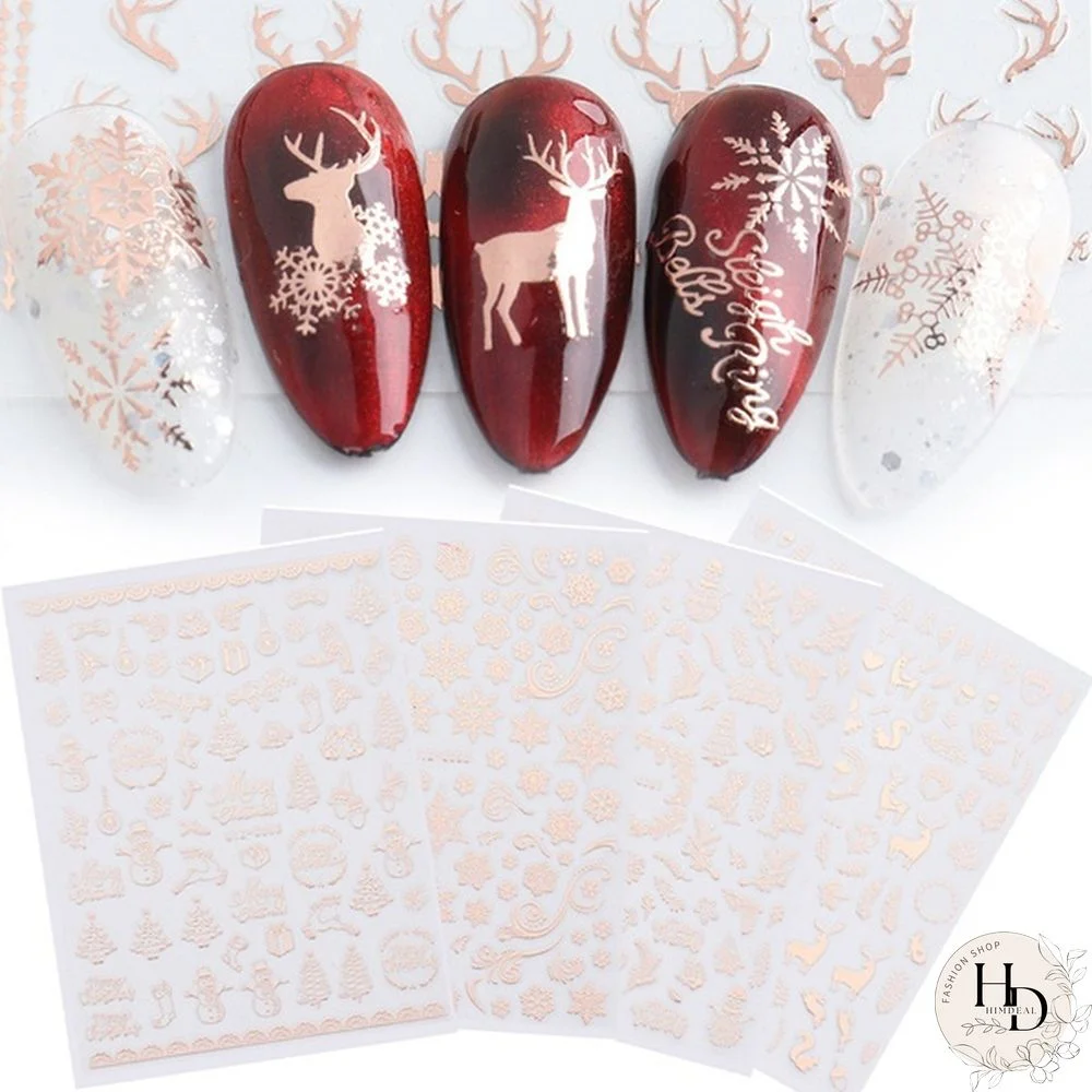 5D Nail Stickers Shiny Rose Gold Christmas Design Nail Polish Sliders Holographics Snowflake Nail Art Decor Decals