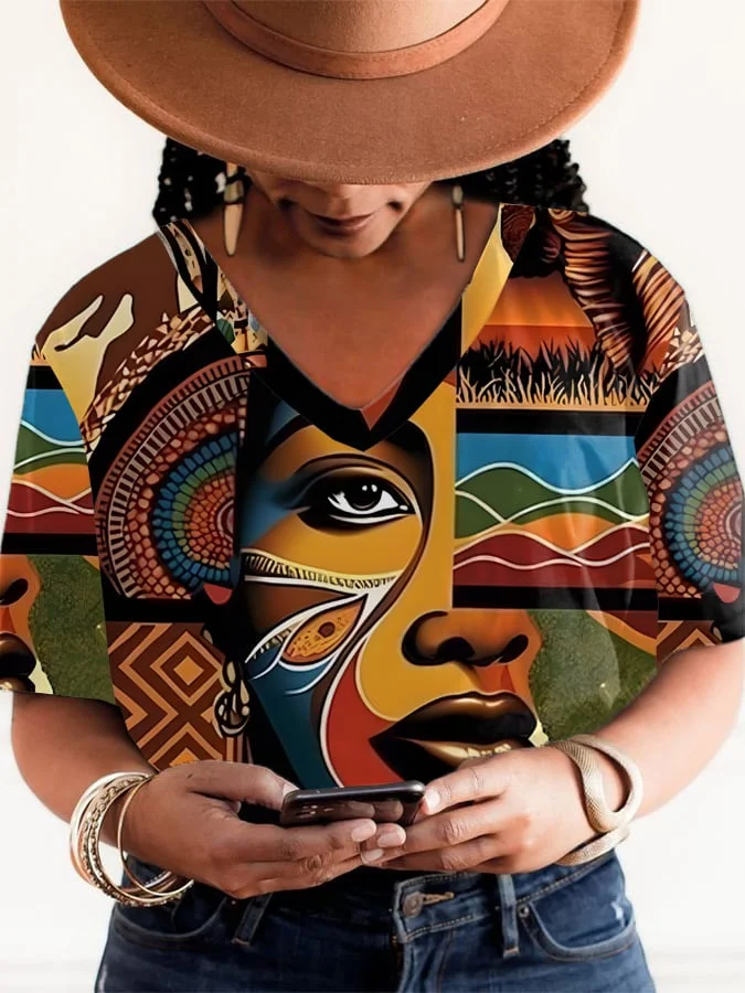 Women's Black Juneteenth African Portrait Print V-Neck T-Shirt Top 
