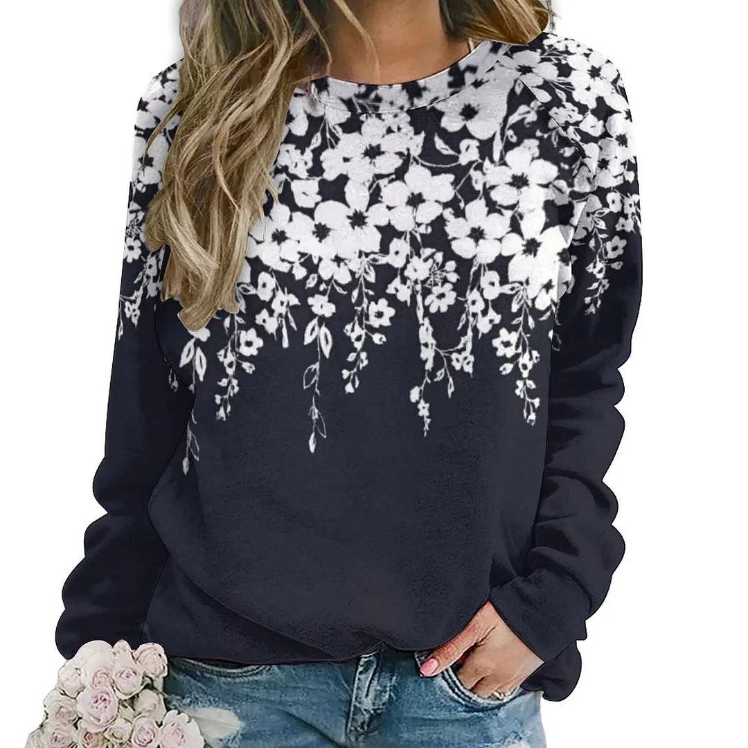 Printed Long Sleeve Casual Sweatshirt for  Women and Men Unisex Pattern Black, Floral, White