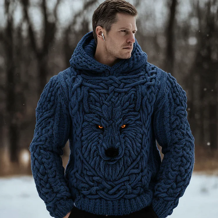 Men's Viking Celtic Wolf Knit Chunky Hooded Sweater