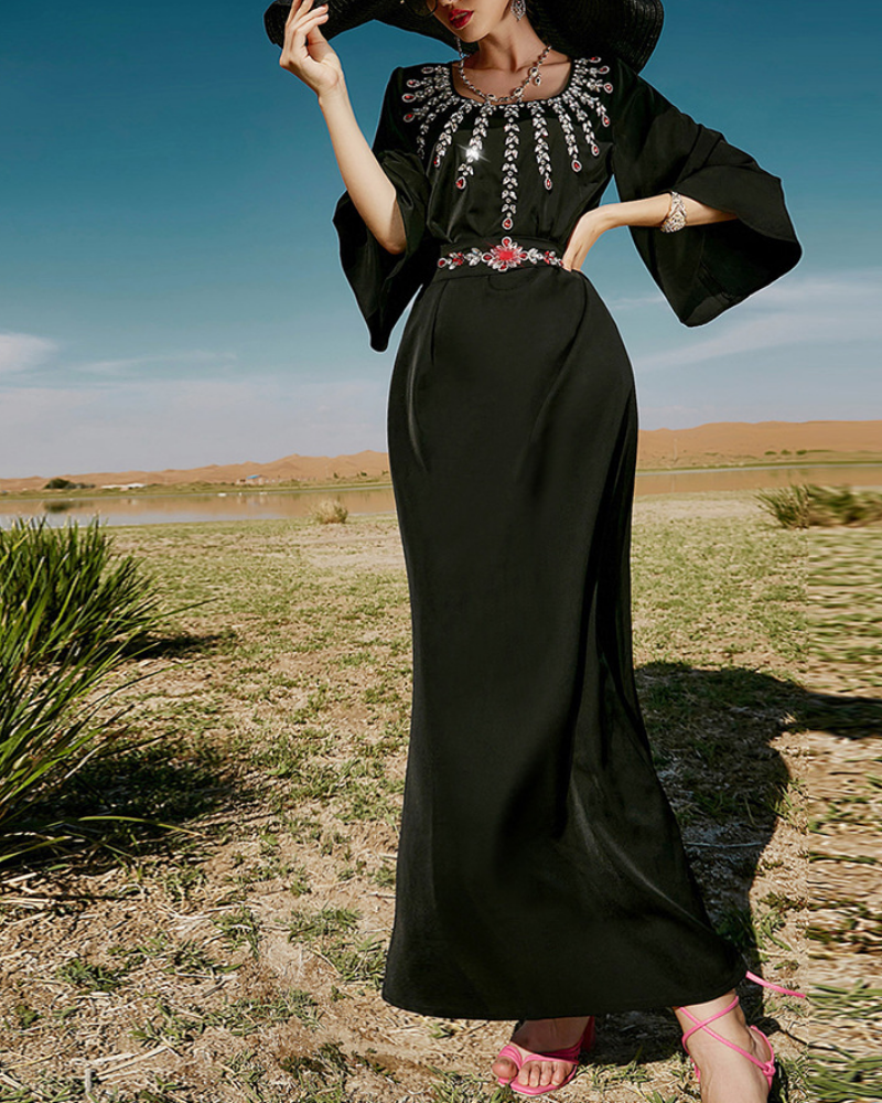 Black full diamond dress with belt