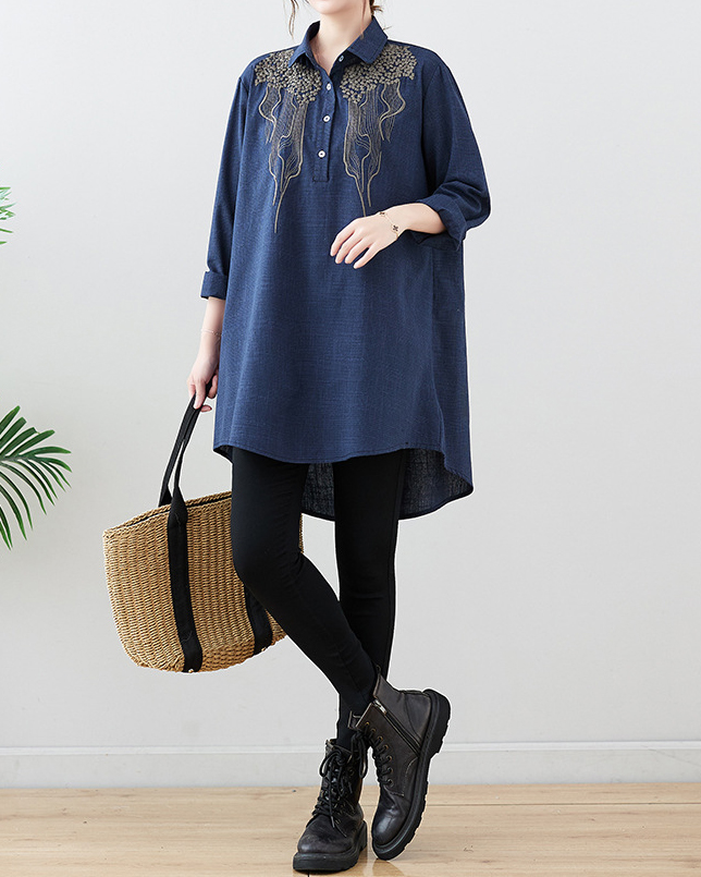 Embroidery Detail Shirt Collar Three Quarter Sleeve Linen Shirt