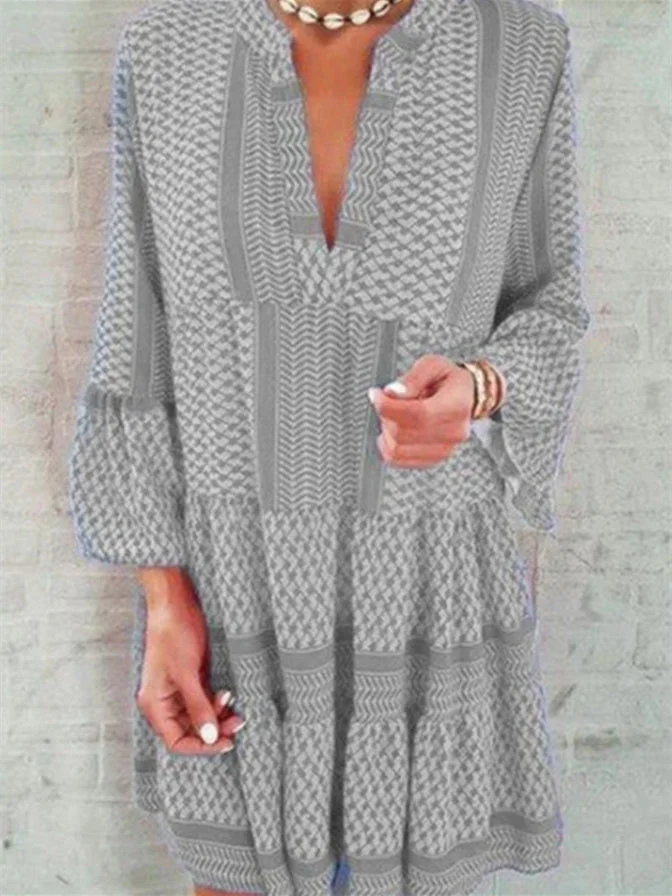 Women plus size clothing Women's Long Sleeve V-neck Geometric Floral Printed Mini Dress-Nordswear