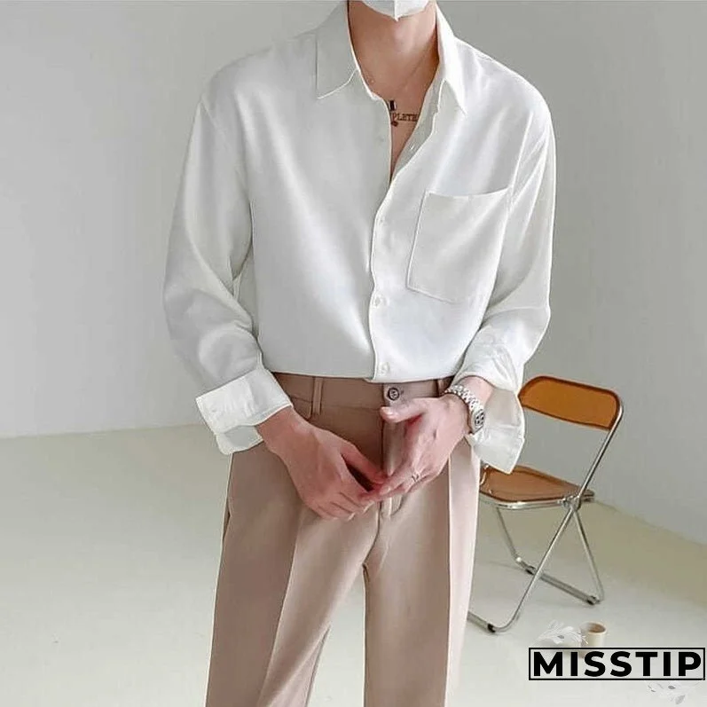 Spring New Senior Long Sleeve Button Down Shirts for Men Korean Fashion Loose Drape Solid Color All-match Men's Shirt Blouse