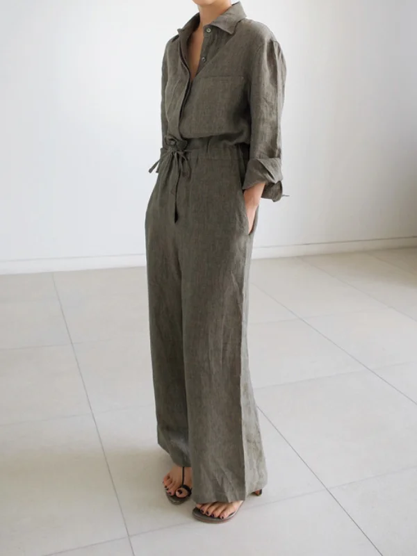 Casual Drawstring Waisted Lapel Cotton Linen Jumpsuit