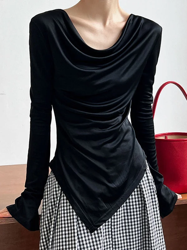 Asymmetric Solid Color High-low Long Sleeves Heaps Collar T-Shirts Tops
