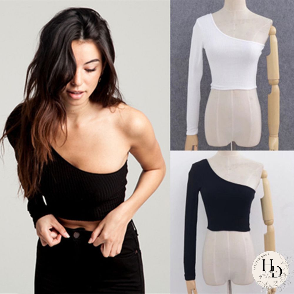 One Shoulder Long Sleeve Camisole Top Femal Knitted Crop Women Tops Streetwear Elastic