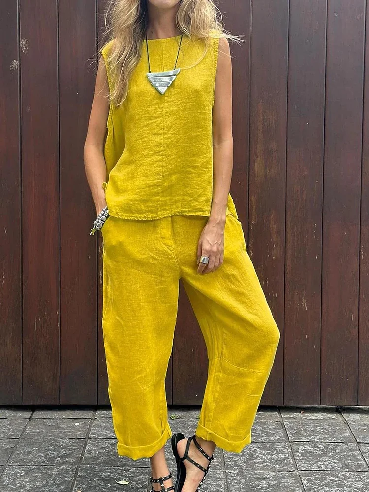 Women's 2024 Solid Casual 2Piece Set Crew Neck Sleeveless Top and Wide Leg Pant Cotton Linen