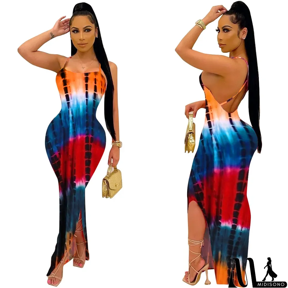 MidiSono - Sexy Tie-dye Print Backless Maxi Dress