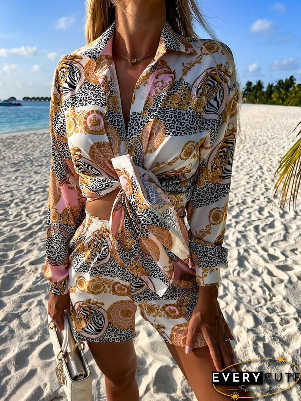 Vintage Print 2 Piece Suit Women Long Sleeve Lapel Single Breasted Shirt + High Waist Shorts Sets Casual Ladies Loose Beach Suit