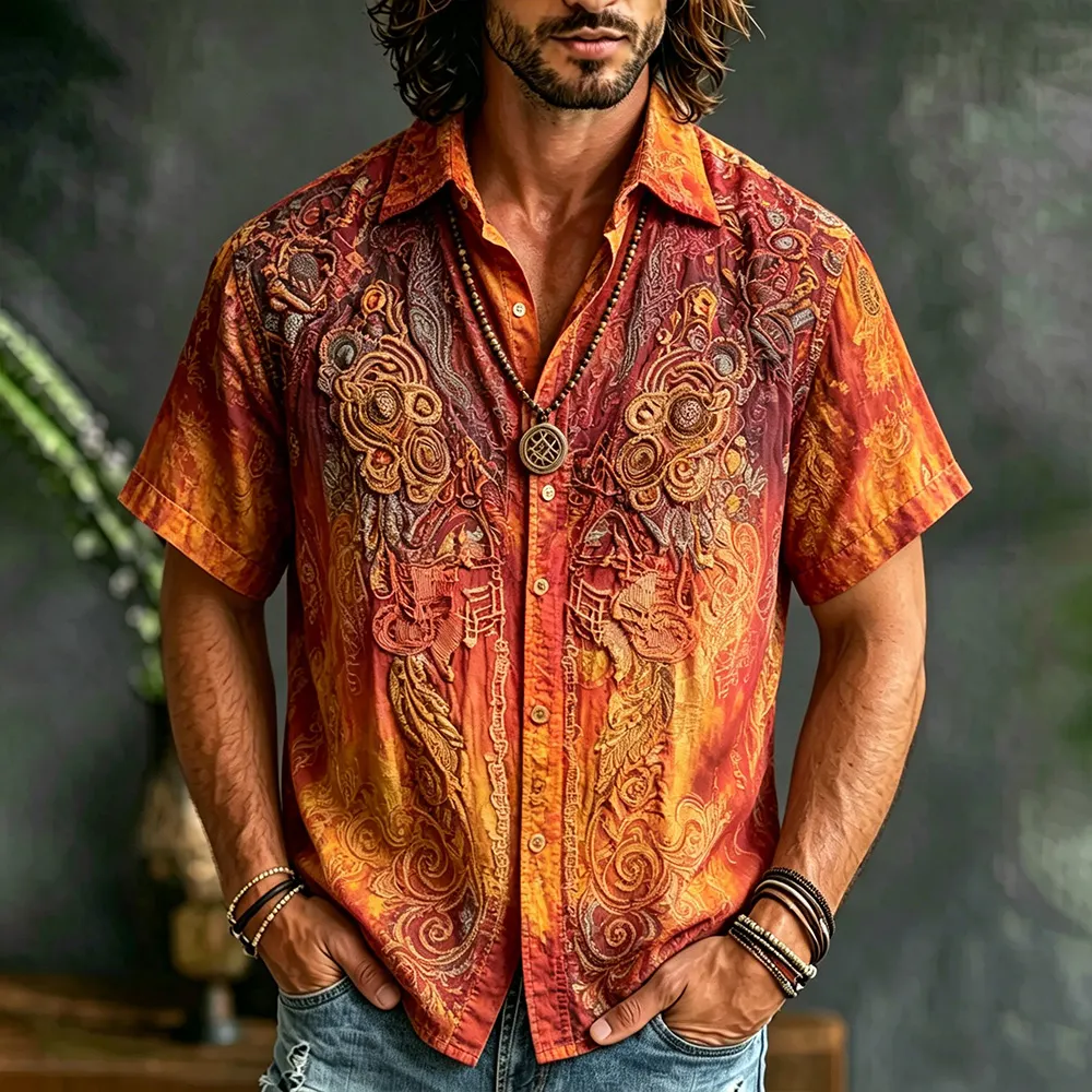 Comstylish Boho Vintage Paisley Embroidery Short Sleeve Button Down Shirt For Men, Western Retro Textured Floral Print Casual Vacation Top