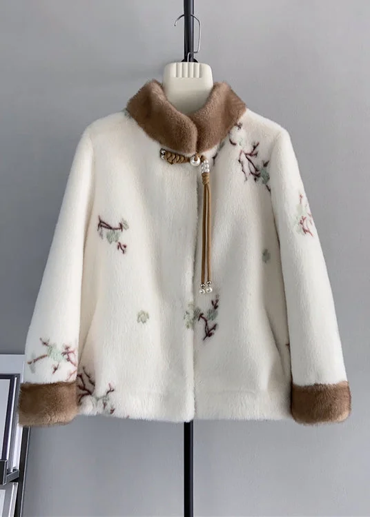 Vintage Beige Stand Collar Tasseled Embroideried Mink Cashmere Jackets Winter