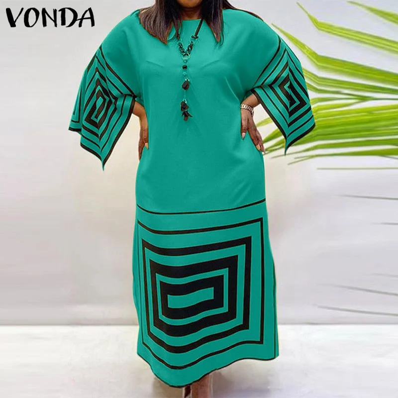 VONDA Women Bohemian Dress 2022 Casual Loose 3/4 Sleeve Holiday Dress Female Vintage Printed Party Vestidos Oversized Robe Femme