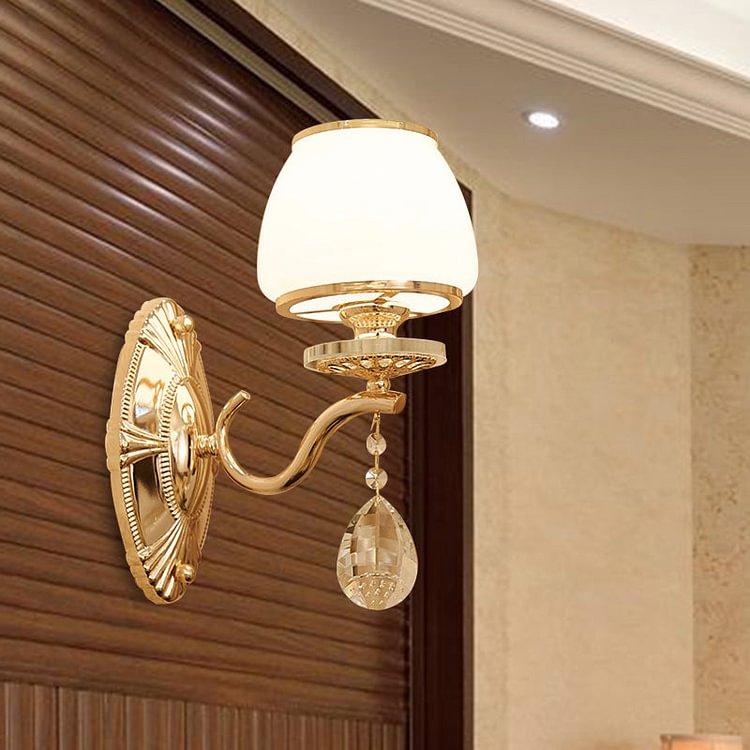 Traditional Dome Wall Light Fixture 1/2 Heads White Glass Wall Sconce Lighting in Brass with Dangling Crystal