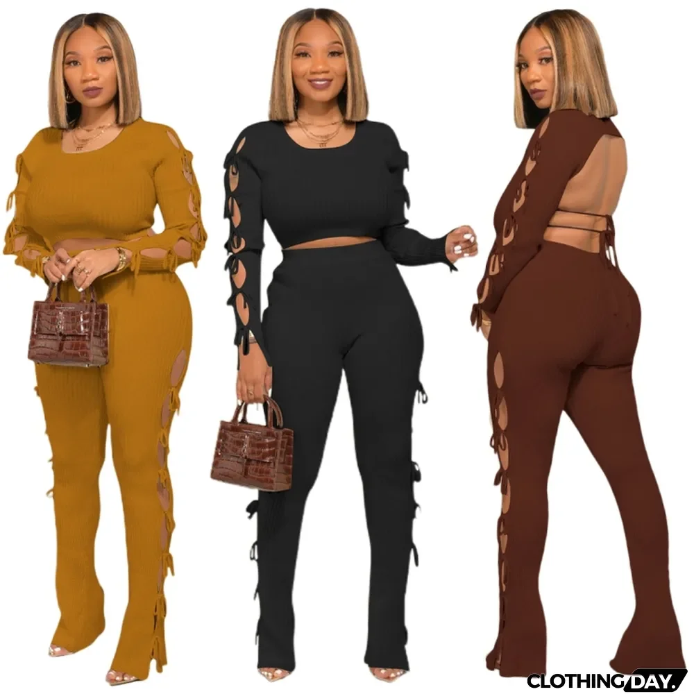 Spring Sexy Ginger Round Neck Hollow Out Backless Long SLeeve Crop Top and Match Pants wholesale Two Piece Sets