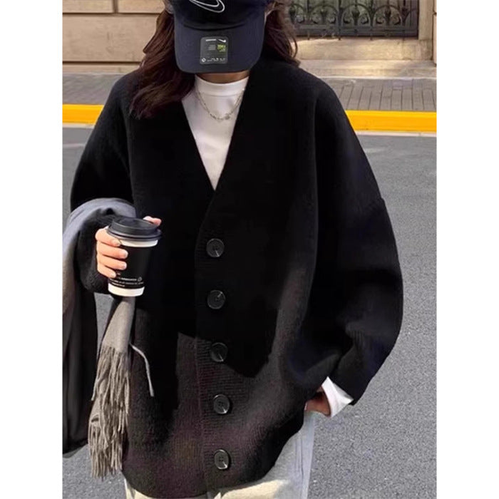 Aiertu datenight fall outfits Black V-neck Knitted Cardigan for Women Autumn and Winter Outer Wear Fashionable Western Style Top Loose Lazy Style Mid-Length Women aiertu