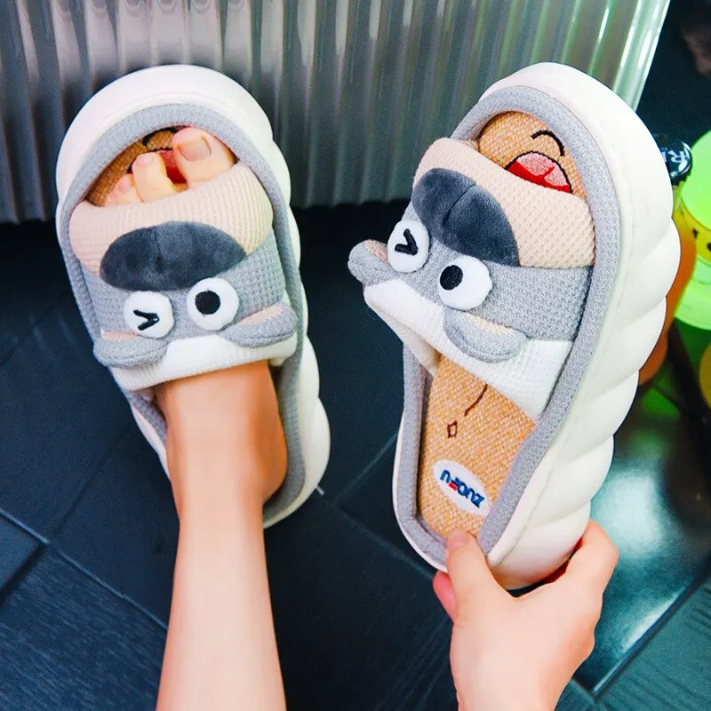 Yyvonne New Fashion Linen Slippers Women Cute Squirrel Home Platform Slippers Comfort Cartoon Couple Ladies Slides Free Shipping