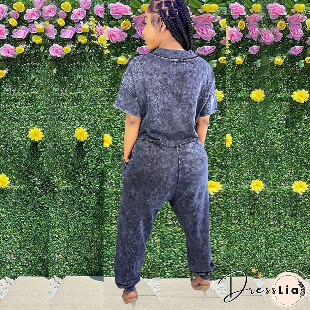 Loose Short Sleeve V Neck Long Harem Jumpsuits