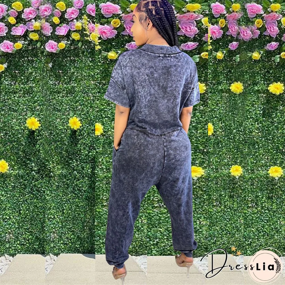 Loose Short Sleeve V Neck Long Harem Jumpsuits