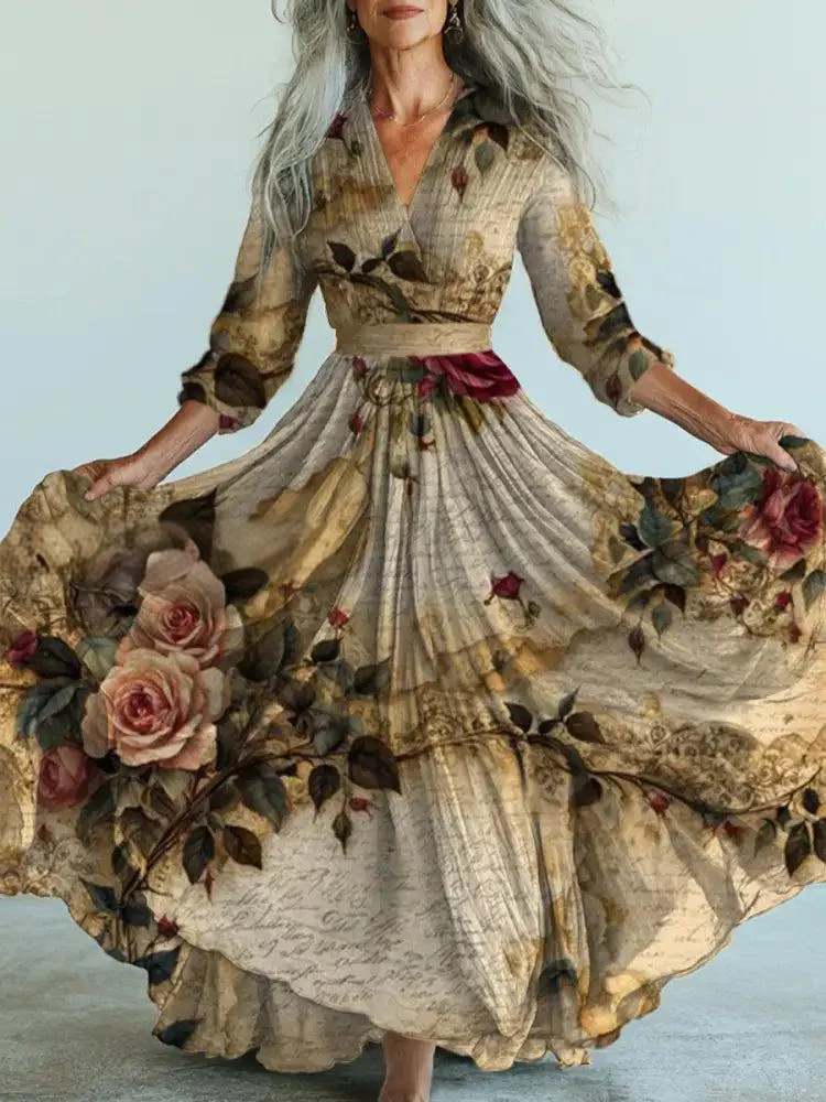 Retro Boho Floral Art Printed Vintage V-Neck Long Sleeves Midi Dress