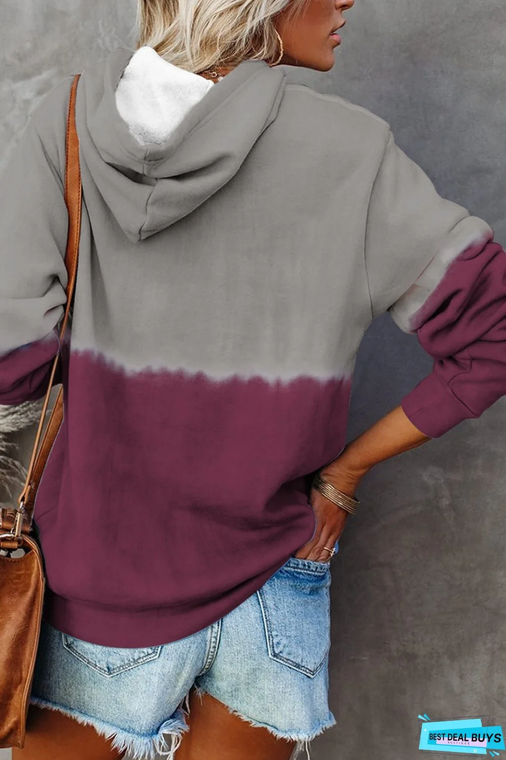 Burgundy Dip-Dye Colorblock Drawstring Hoodie with Pockets