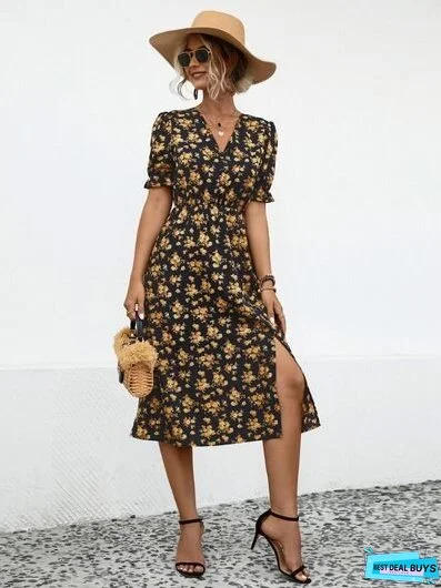 Slit Printed V-Neck Short Sleeve Dress