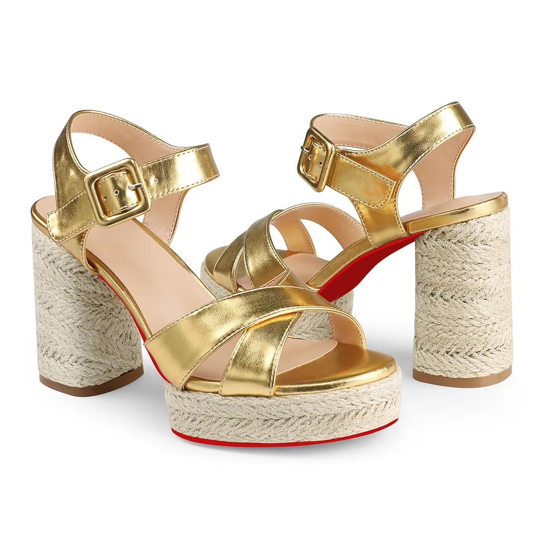 95mm Espadrille Platform High Heels for Women Ankle Strap Chunky Red Bottom Sandals-MERUMOTE