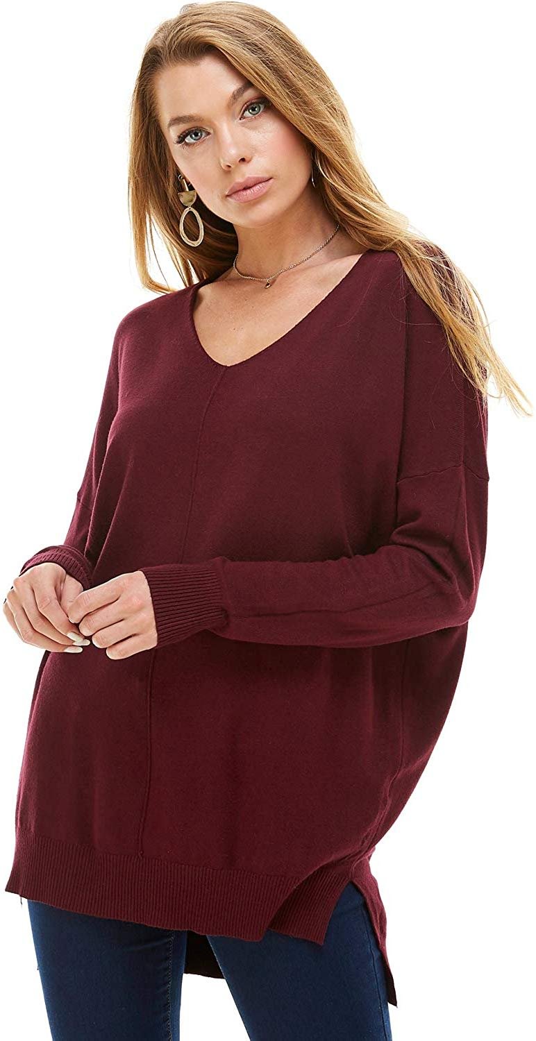 Women's Oversized Extra Soft V-Neck Pullover Sweater Long Sleeved Sweater Top with Hi-Low (L. Olive Medium/Large)