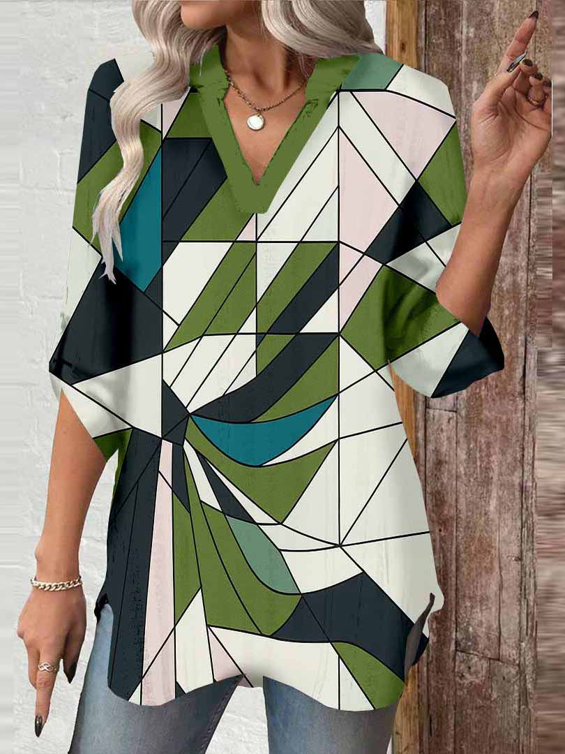 Women Geometric, Green, Pink DZGA0184 3/4 Sleeve V-neck Printed Graphic Button Tops