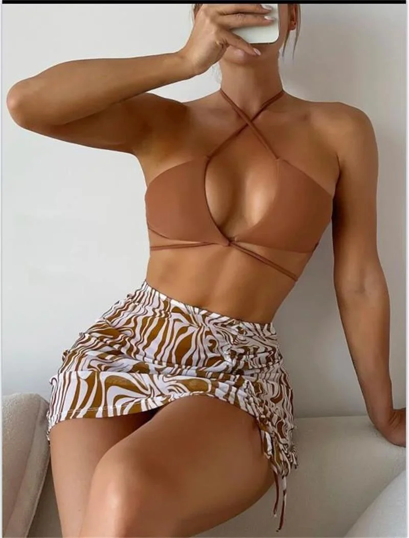 Mongw Mongw New Bikini Sexy Mesh Gathered Solid Color Split Three-Piece Beach Swimsuit