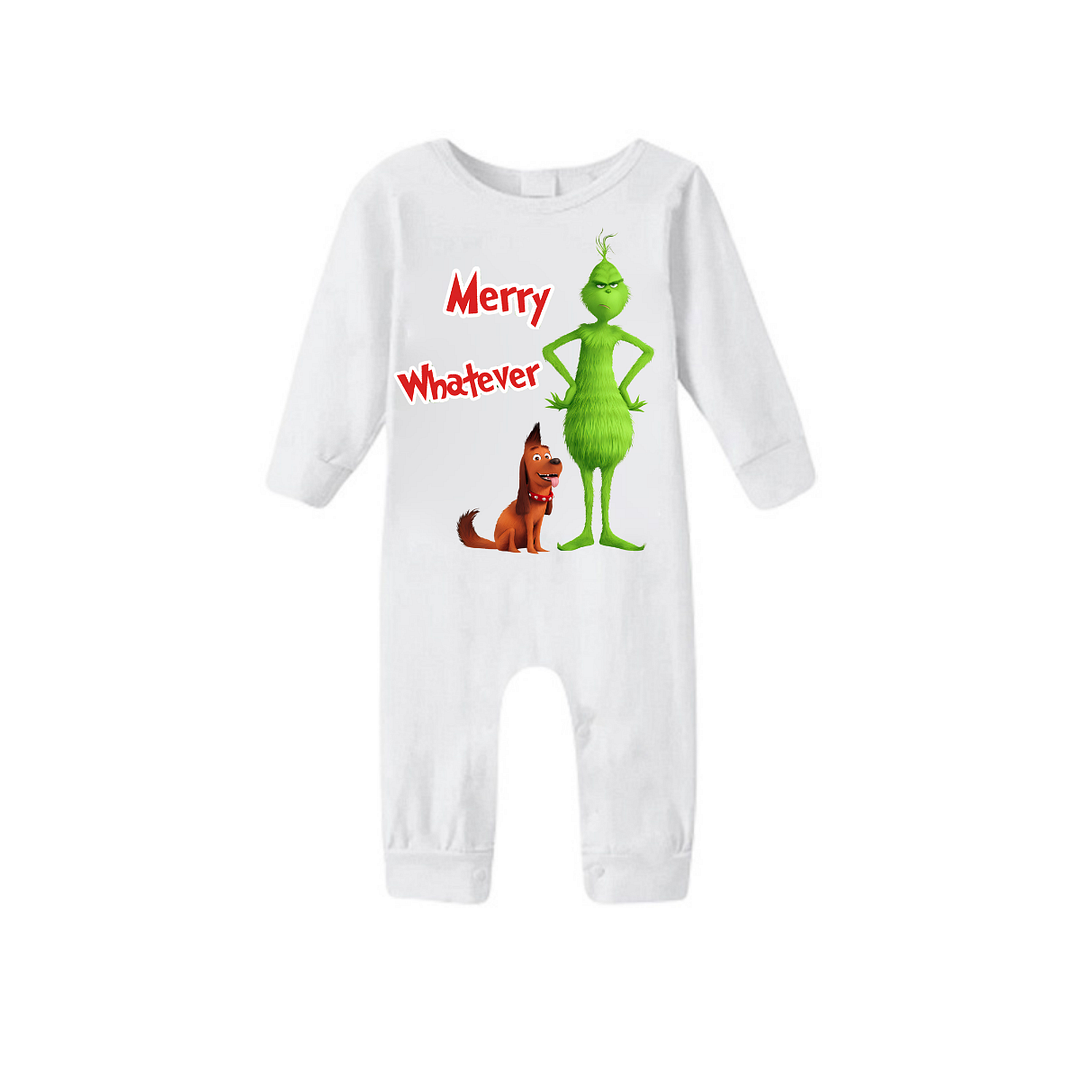 "Merry Whatever" and Cartoon Pattern Printed Red & Green Plaid Family Matching Pajamas