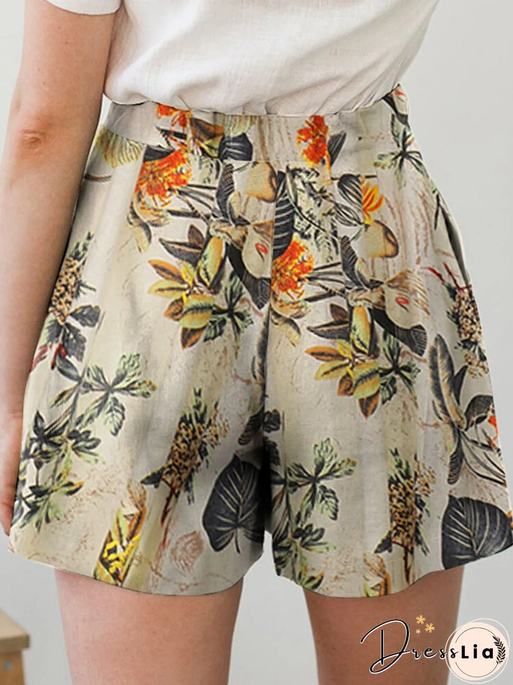 Plant Print Pocket Ruched Casual Shorts