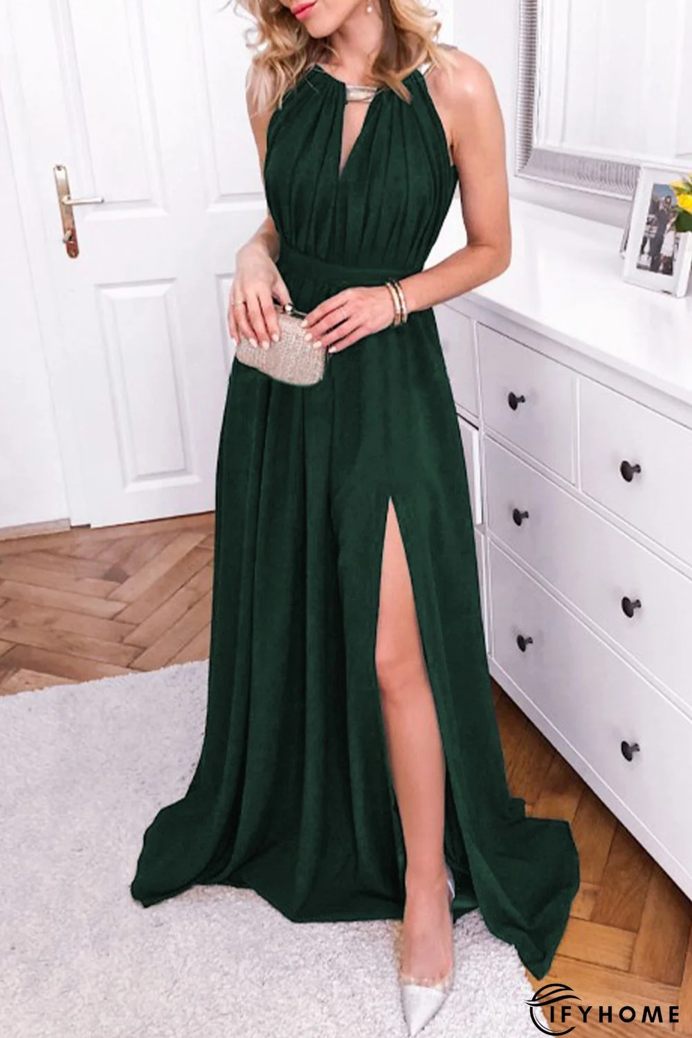 Green Glitter Trim Cutout Strapless Slit Party Dress | IFYHOME
