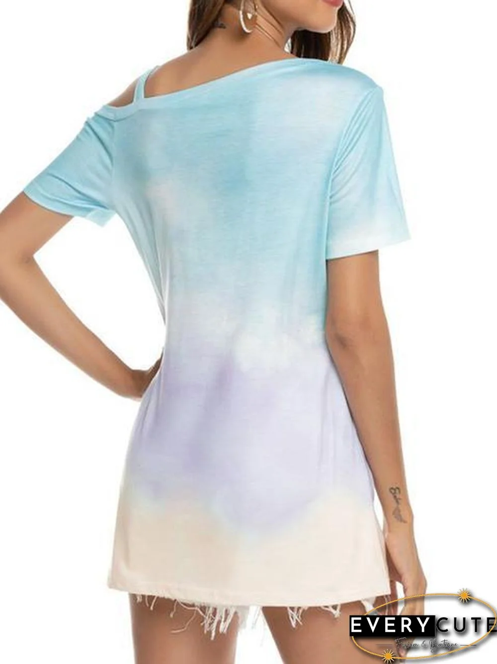 Gradient Color Cold Shoulder Twisted T-Shirt