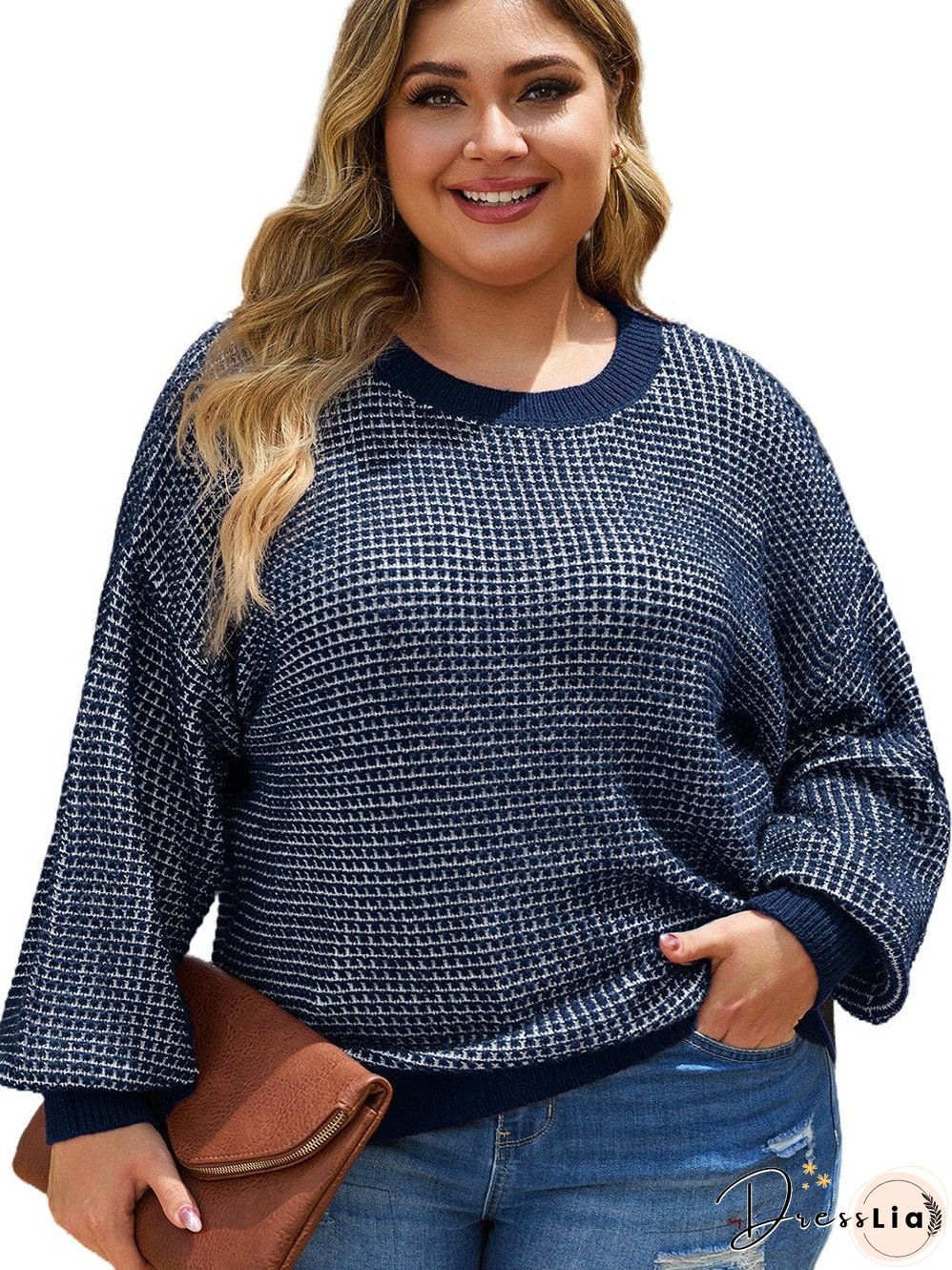 Blue Heathered Knit Plus Size Drop Shoulder Sweater