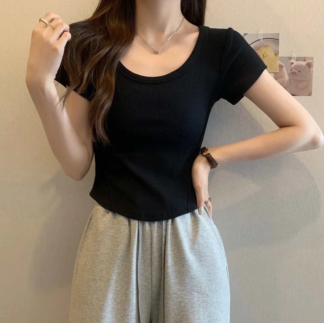 Uveng Uveng U Collar Short-Sleeved T-Shirt Women 2023 Summer New Korean Version Slim High Waist Short Style Students Pure Color Jacket Tide