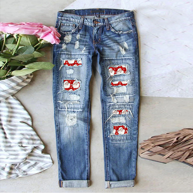 Santa Print Panel Ripped Straight-Leg Jeans wearshes