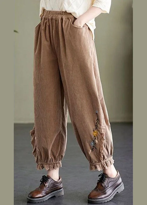 Boho Khaki Embroideried Patchwork Lace Warm Fleece Corduroy Crop Pants Spring
