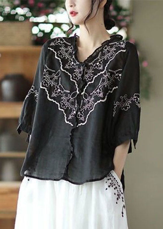 VCSHOES Black Embroideried Patchwork Linen Tops Summer