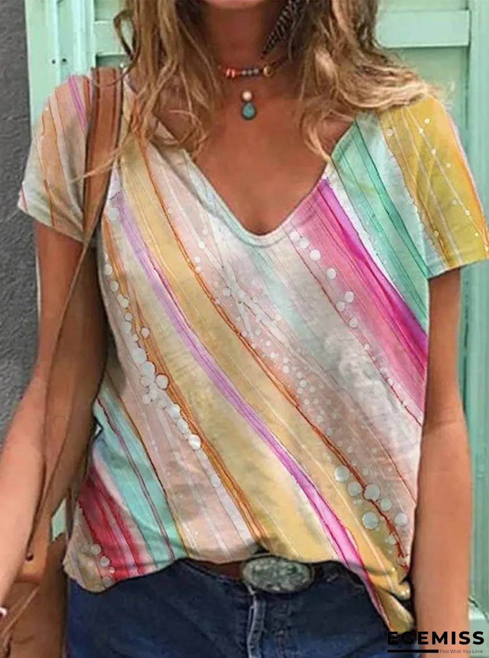 Loose Casual Abstract Print V-Neck Short Sleeve T-Shirt | EGEMISS