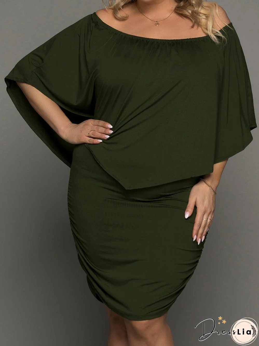 Layered Army Green Plus Size Poncho Style Mini Dress