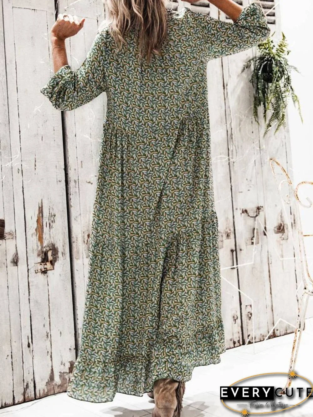 Leaves 3/4 Sleeve V Neck Printed Weaving Dress