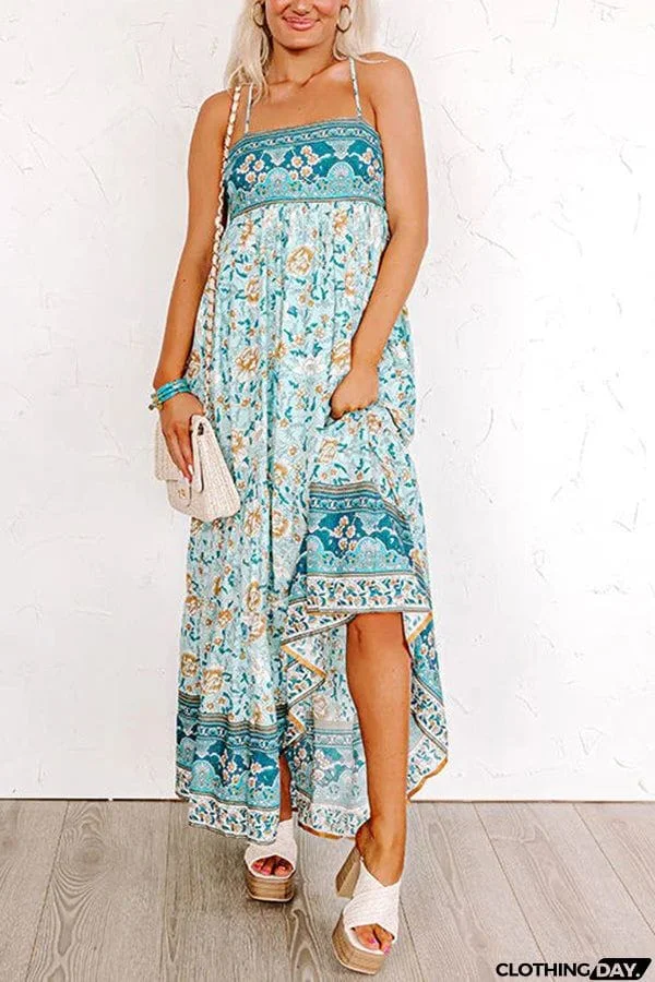 Sunny Day Darling Boho Printed Back Adjustable Tie Maxi Dress