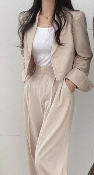 Brownm Pant Suits Women 2023 Fashion Single Button Crop Blazer High Waist Wide Leg Trousers Fall Mujer 2 Piece Set Outfits 425-1