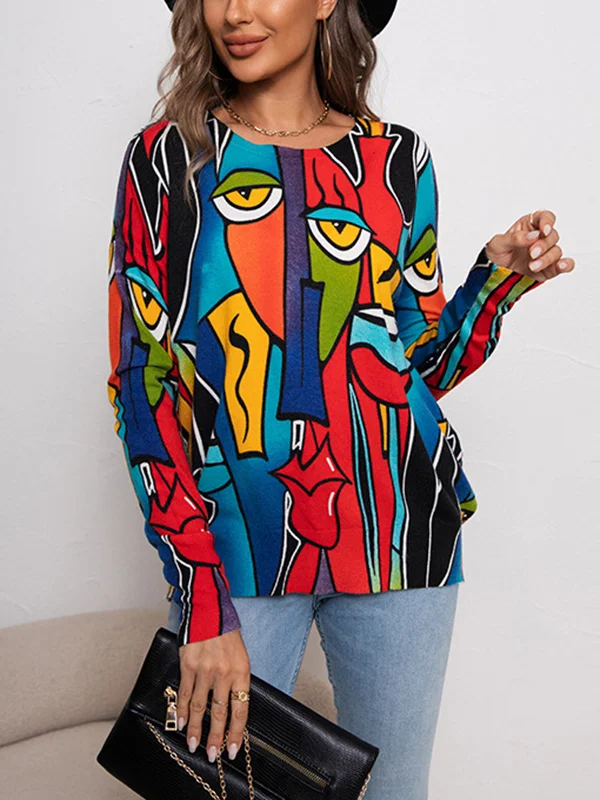 Printed Figure Loose Long Sleeves Round-Neck Sweater Tops Pullovers Knitwear