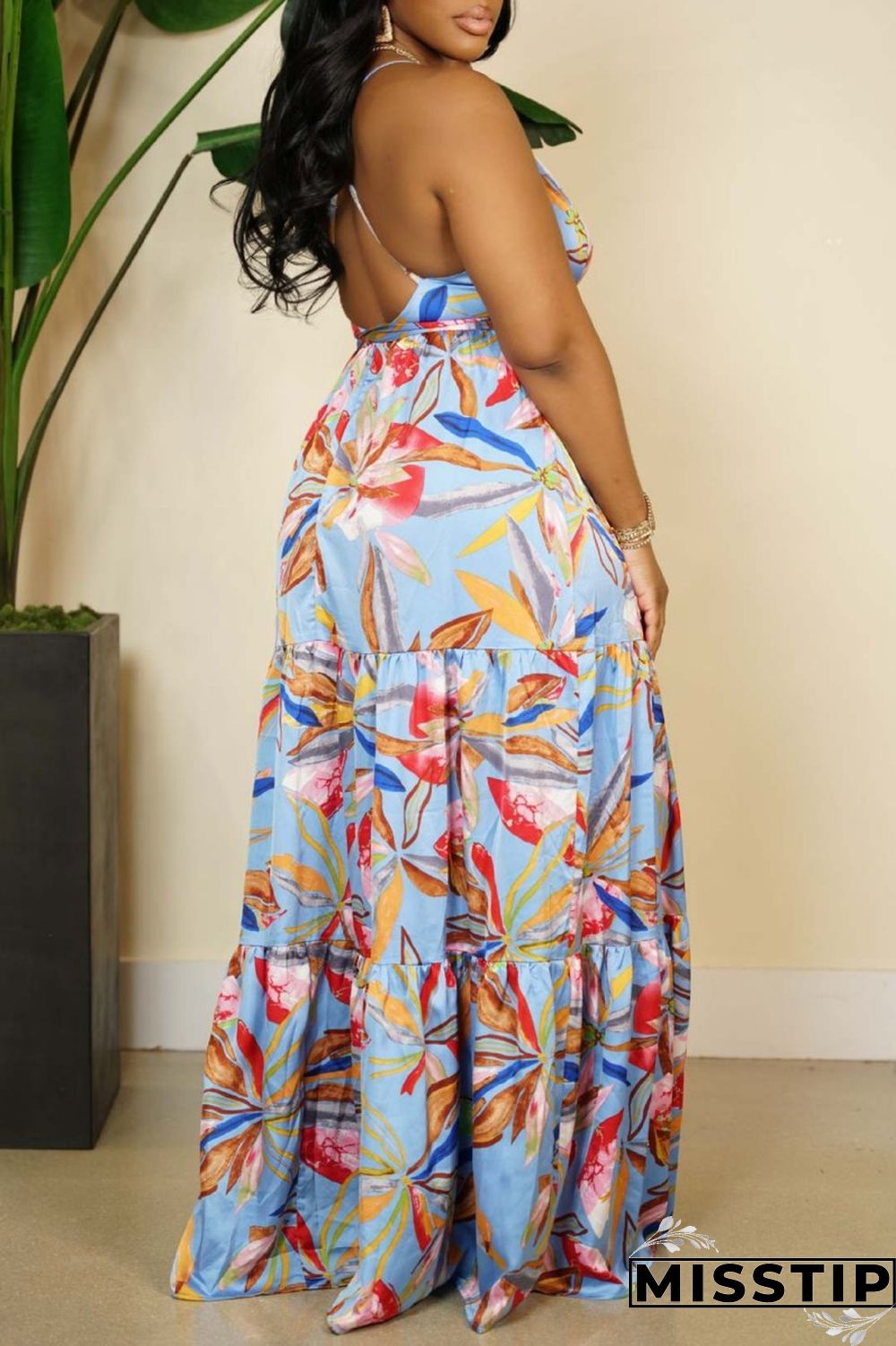 Multi-color Sexy Casual Print Backless Slit Spaghetti Strap Long Dress Dresses