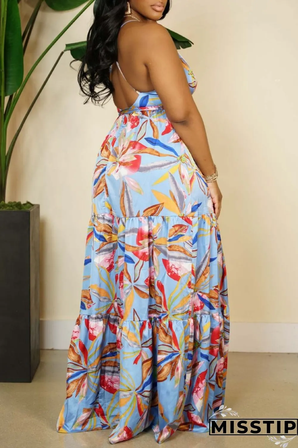 Multi-color Sexy Casual Print Backless Slit Spaghetti Strap Long Dress Dresses