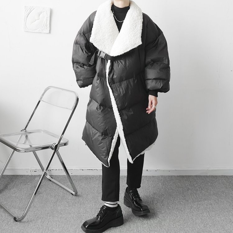 Dawfashion-Fashion Loose Mid-length Large Lapel Lamb Wool Spliced Cotton Jacket-Yamamoto Diablo Clothing